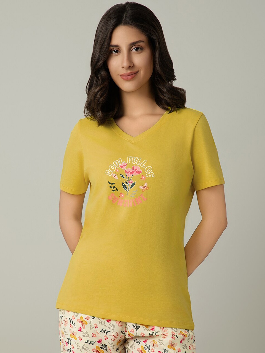 

Amante Printed V-Neck Half Sleeves Lounge T-shirt, Yellow