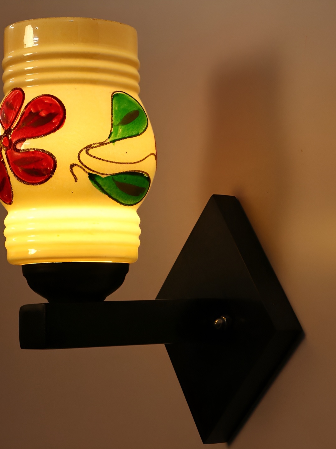 

1ST TIME Gold-Toned & Black Printed Glass Traditional Cylinder Shaped Wall Lamp