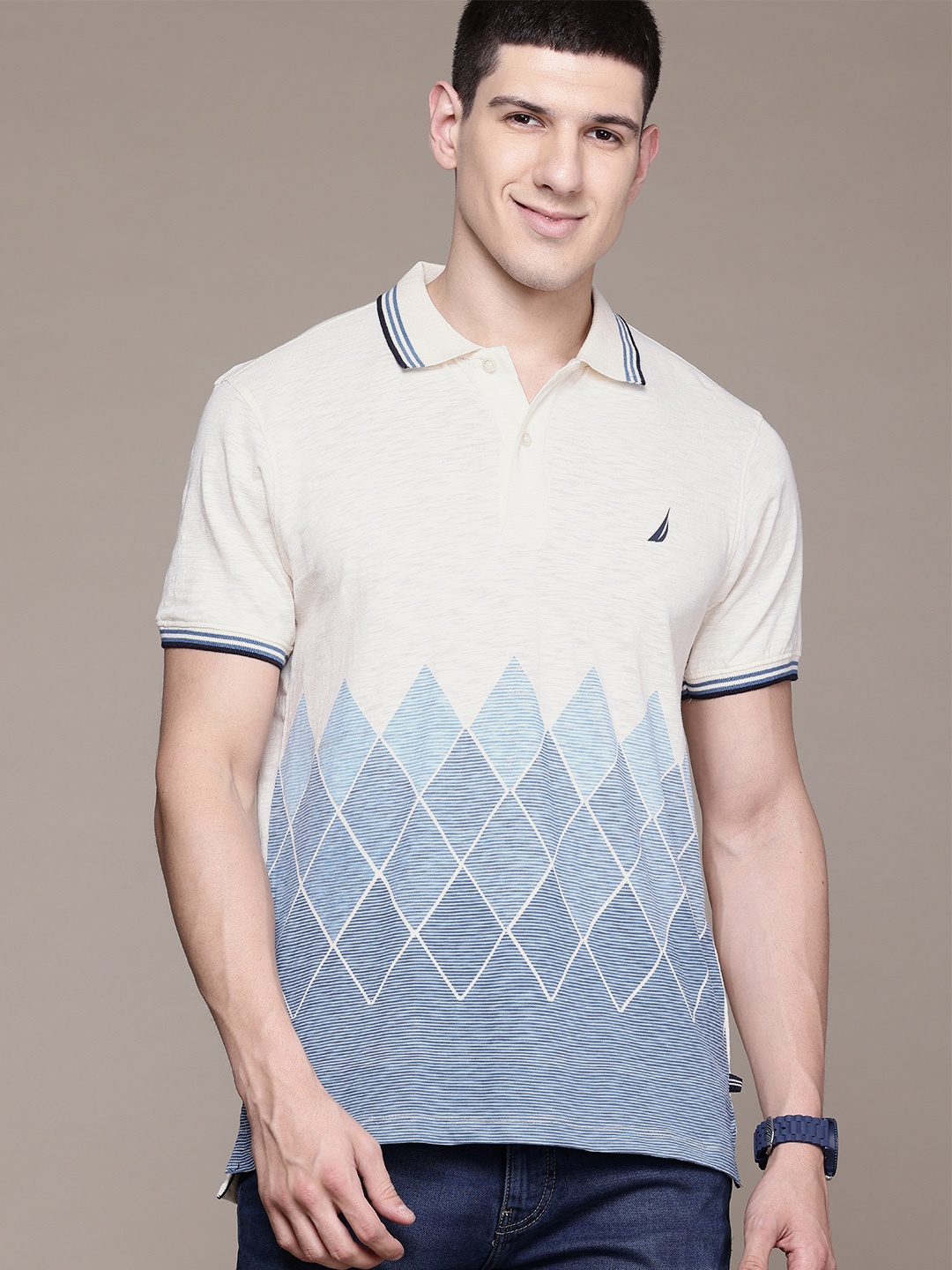 Nautica Men Printed Polo Collar Pure Cotton T-shirt, Off white