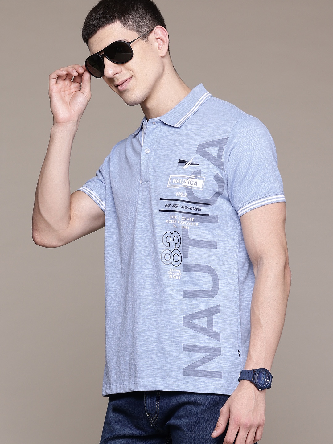 

Nautica Men Typography Printed Polo Collar Pure Cotton T-shirt, Blue