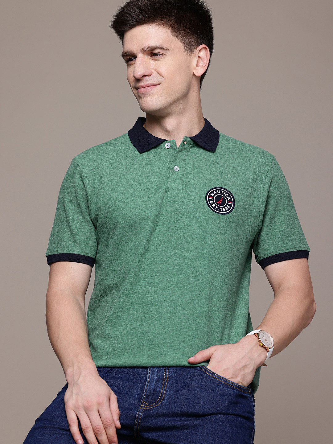 

Nautica Men Polo Collar Pure Cotton T-shirt, Green