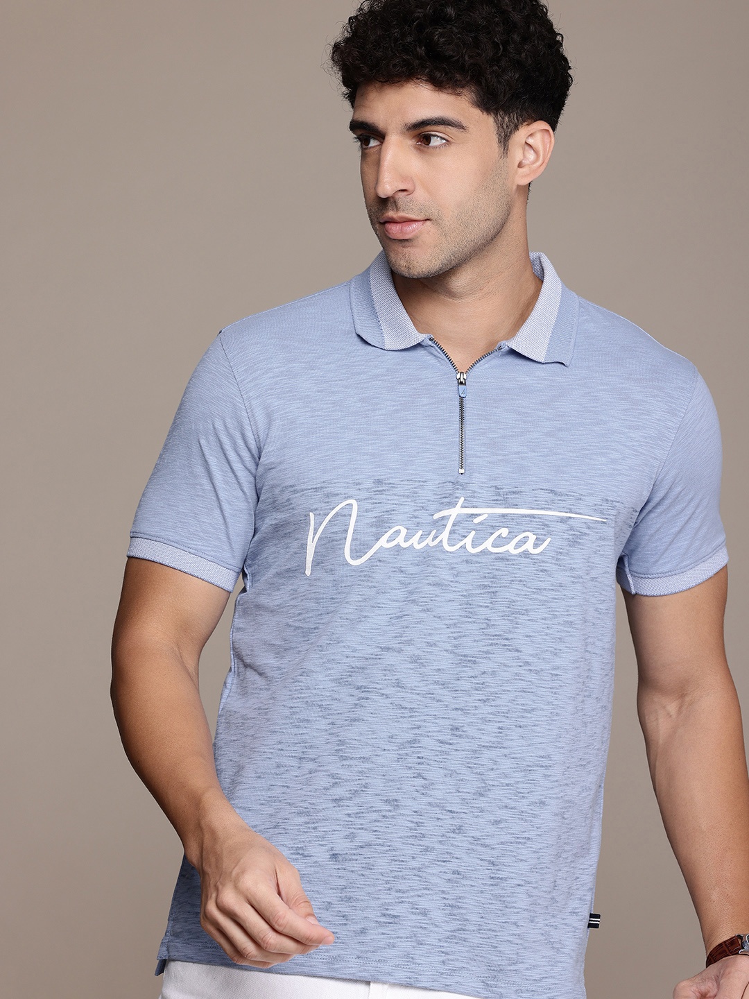 

Nautica Self Design Typography Printed Polo Collar Pure Cotton T-shirt, Blue