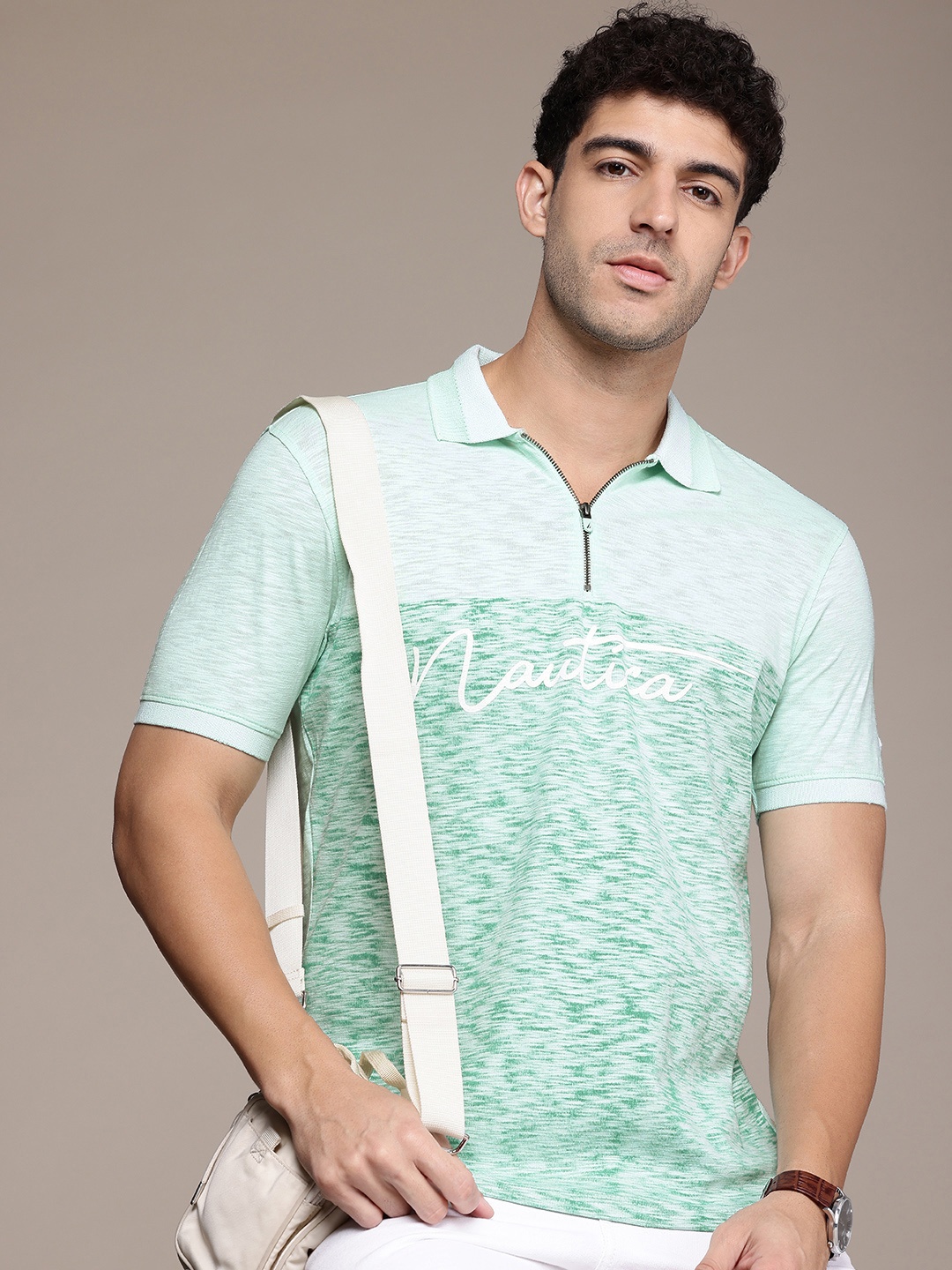 

Nautica Self Design Typography Printed Polo Collar Pure Cotton T-shirt, Green