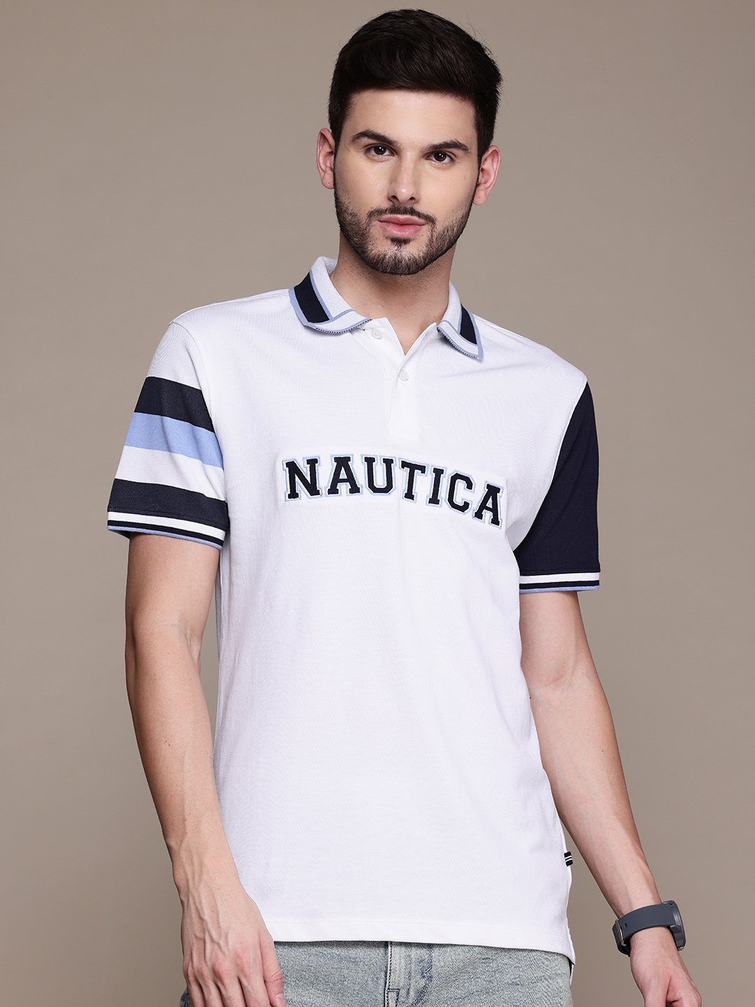 

Nautica Polo Collar Pure Cotton Applique -Detail T-shirt, White