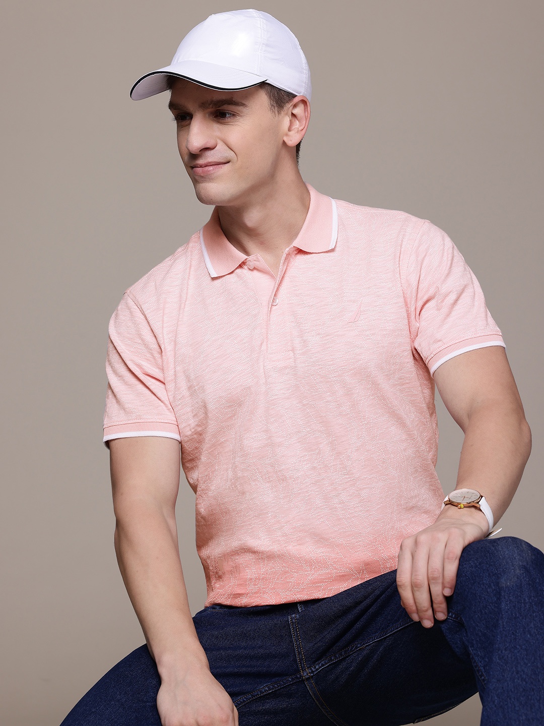 

Nautica Men Dyed Polo Collar Pure Cotton T-shirt, Pink