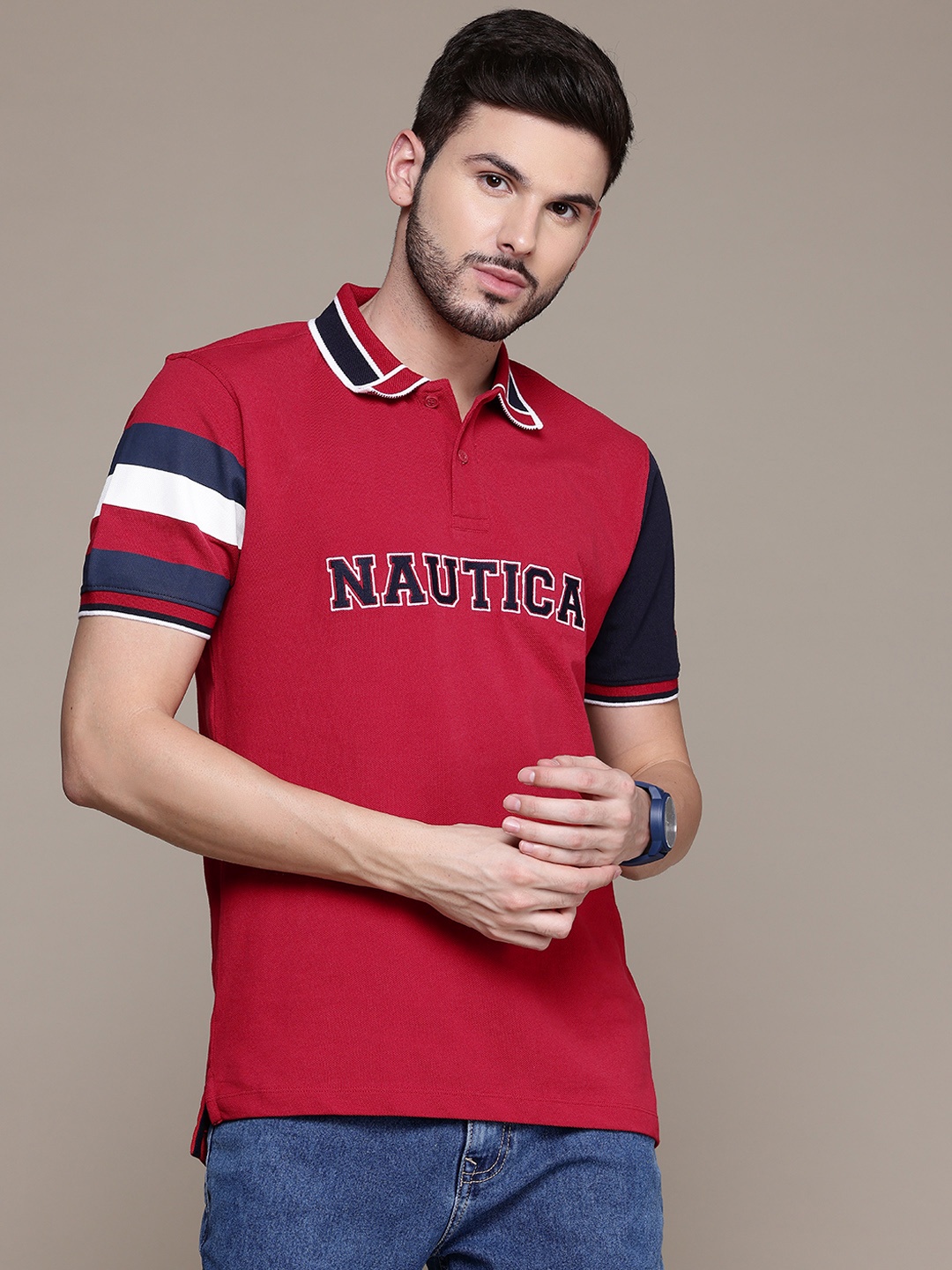 

Nautica Polo Collar Pure Cotton Applique -Detail T-shirt, Maroon
