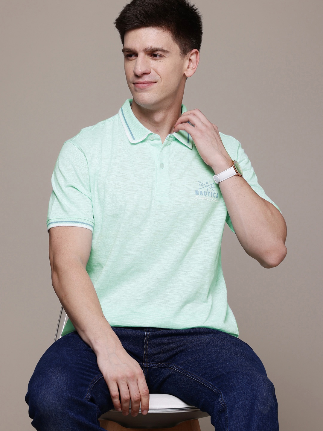 

Nautica Men Polo Collar Pure Cotton T-shirt, Green