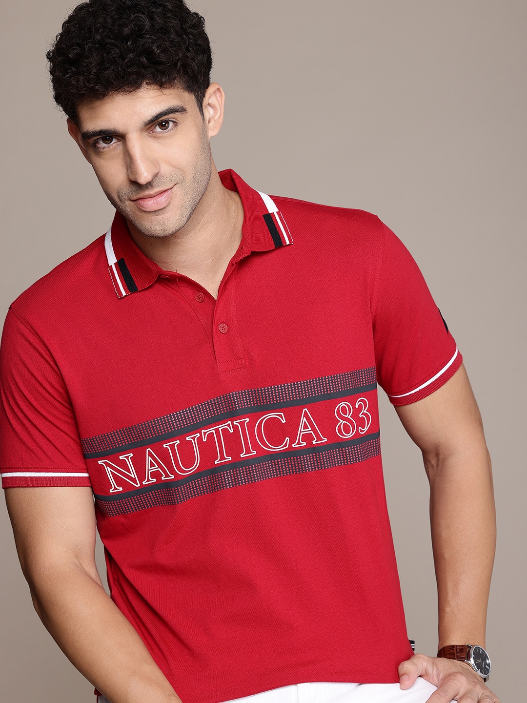 

Nautica Men Typography Printed Polo Collar Pure Cotton T-shirt, Red