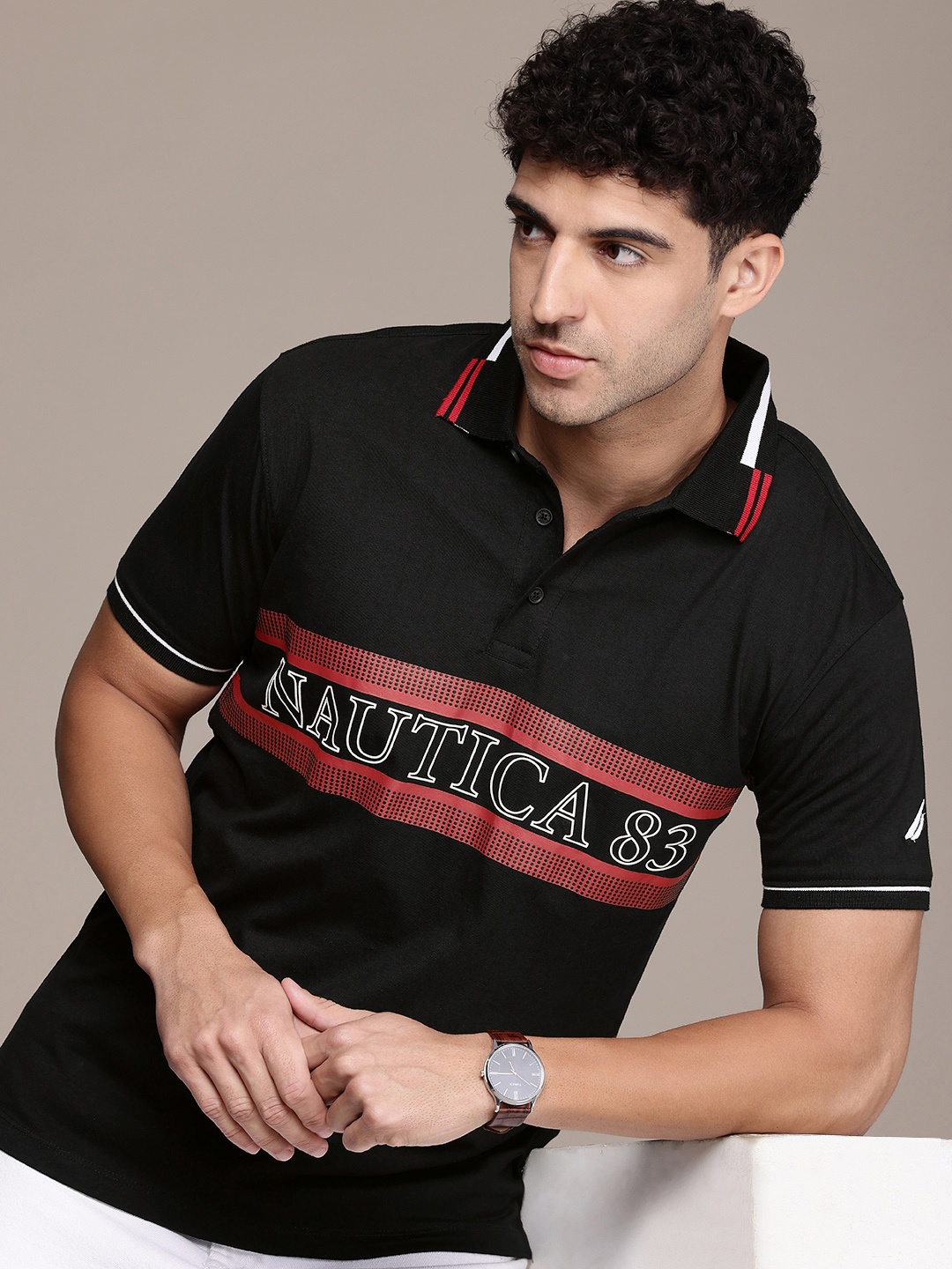 

Nautica Men Typography Printed Polo Collar Pure Cotton T-shirt, Black