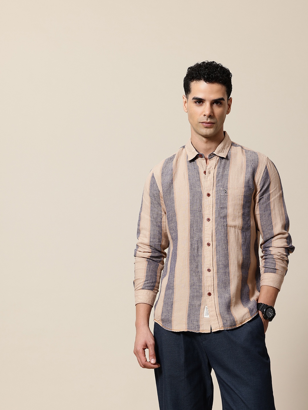

Mr Bowerbird Striped Tailored Fit Opaque Linen Casual Shirt, Brown