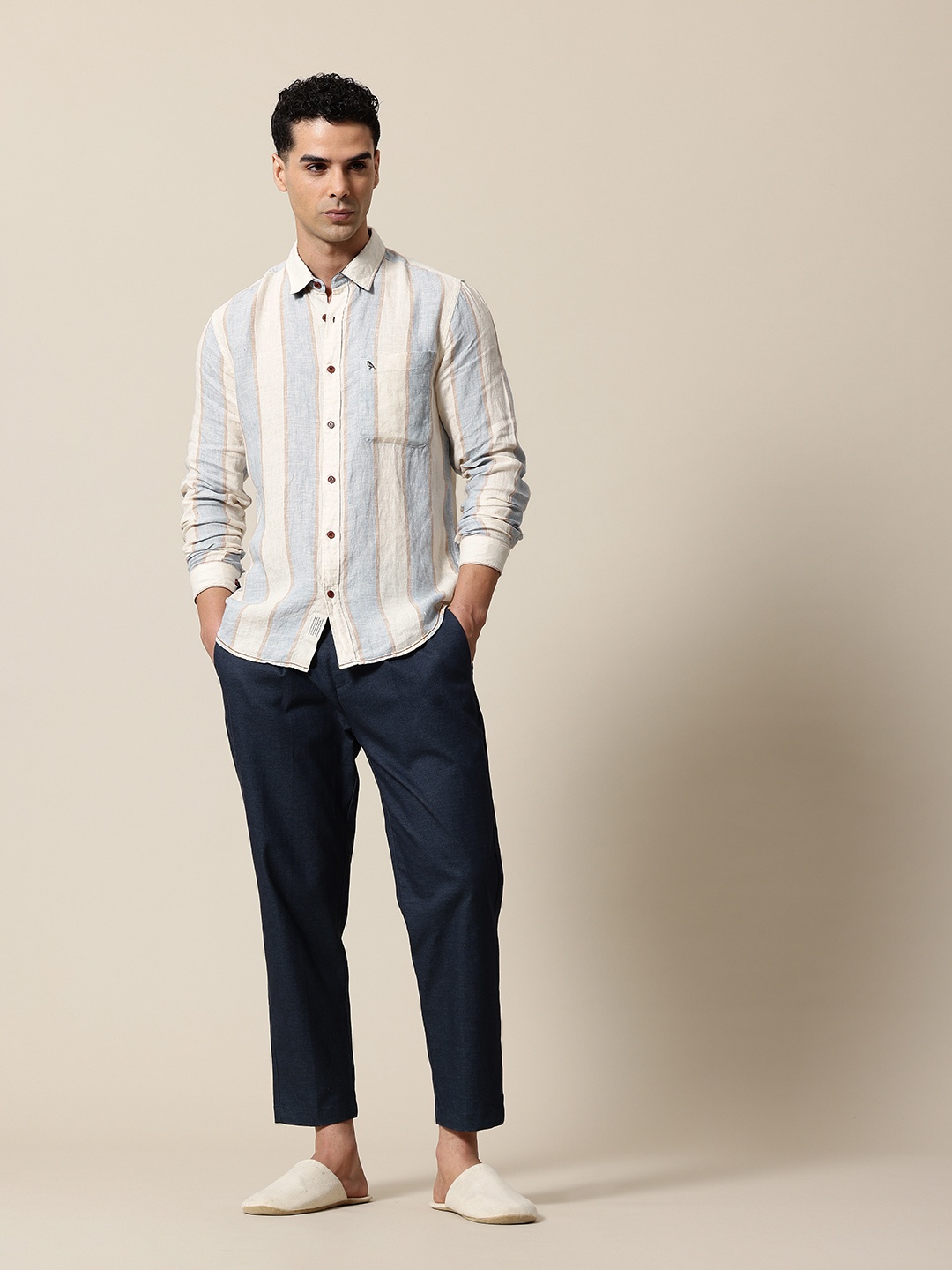 

Mr Bowerbird Striped Tailored Fit Opaque Linen Casual Shirt, Beige