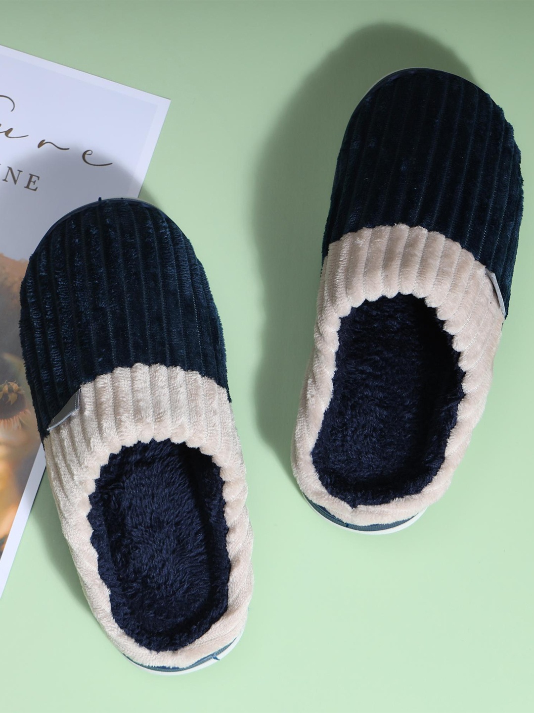 Mast & Harbour Men Self Design Fur Winter Room Slippers, Navy blue