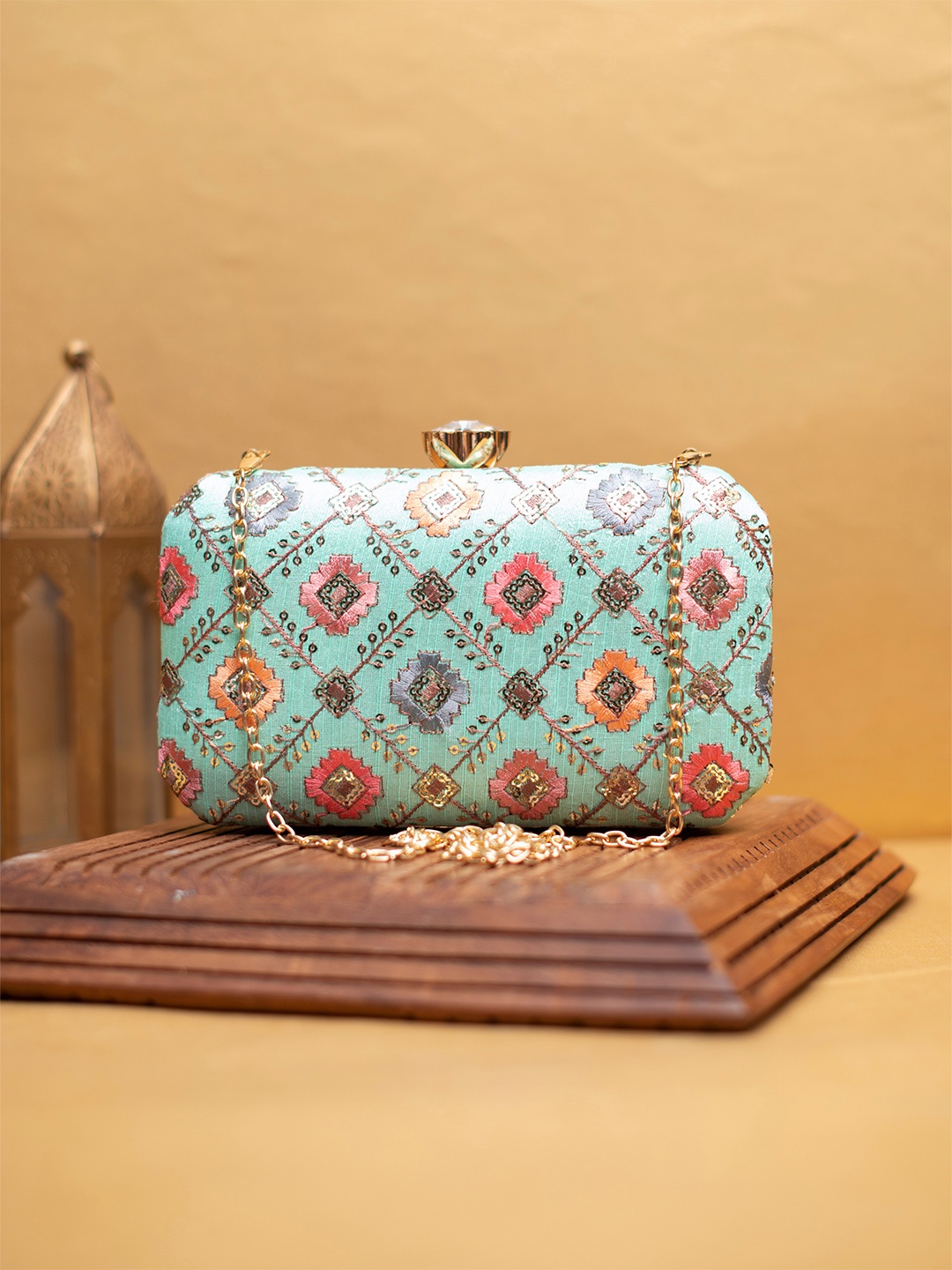 

ARTKLIM Embroidered Box Clutch, Turquoise blue