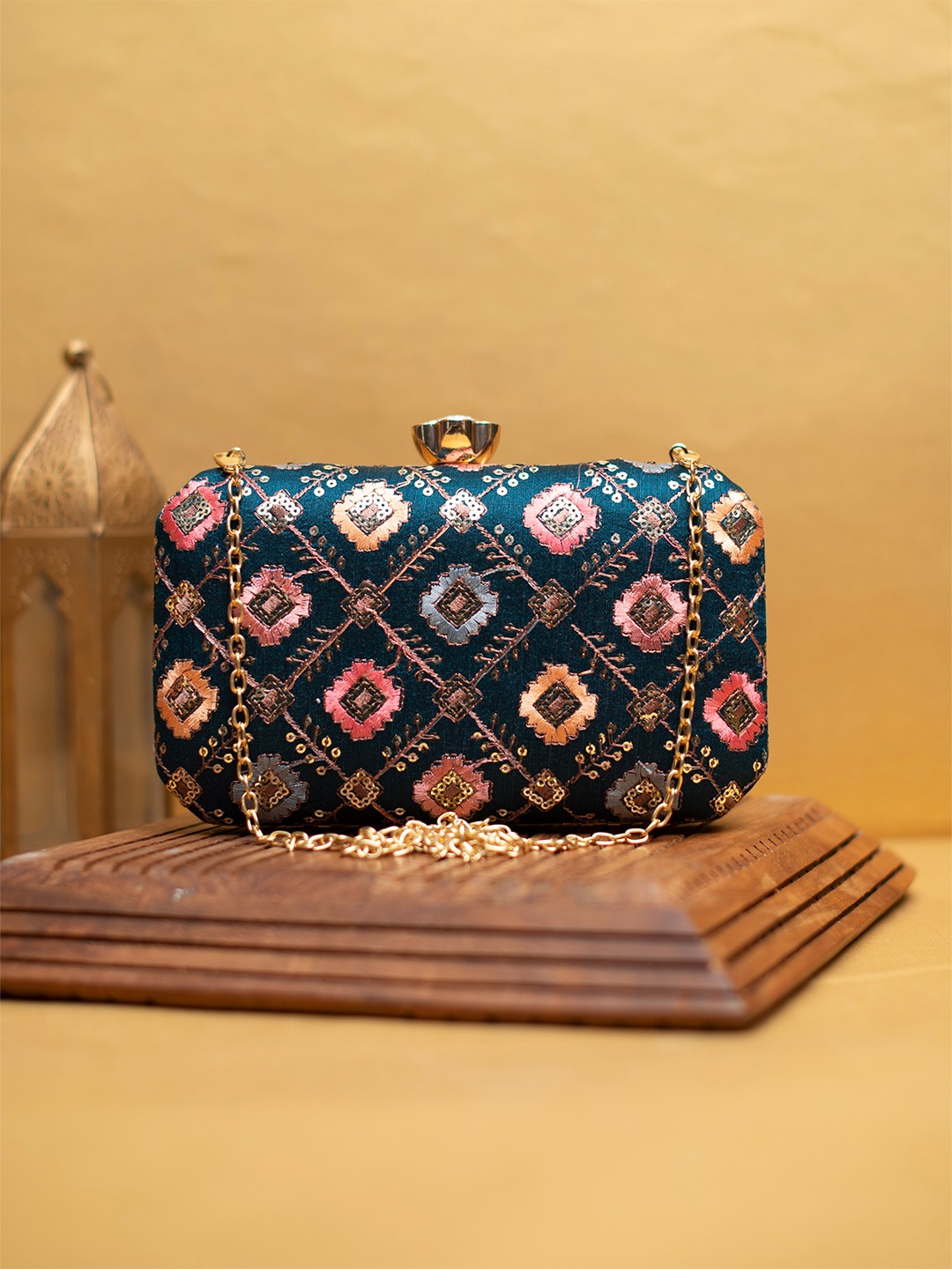 

ARTKLIM Embroidered Box Clutch, Blue