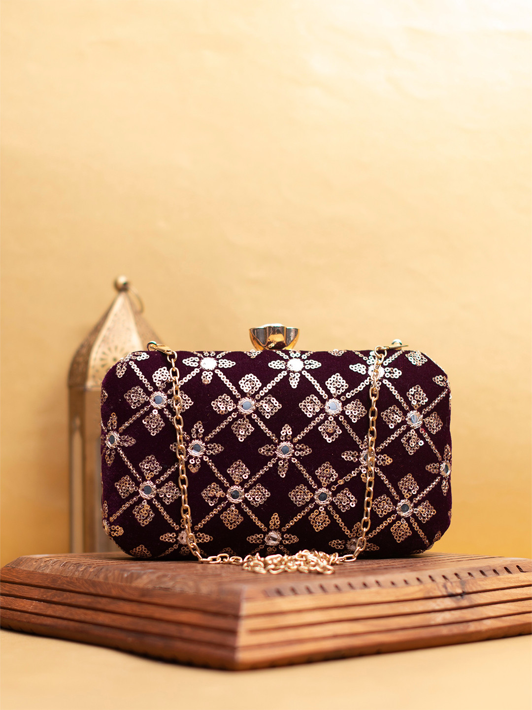 

ARTKLIM Embroidered Sequinned Detailed Box Clutch, Purple