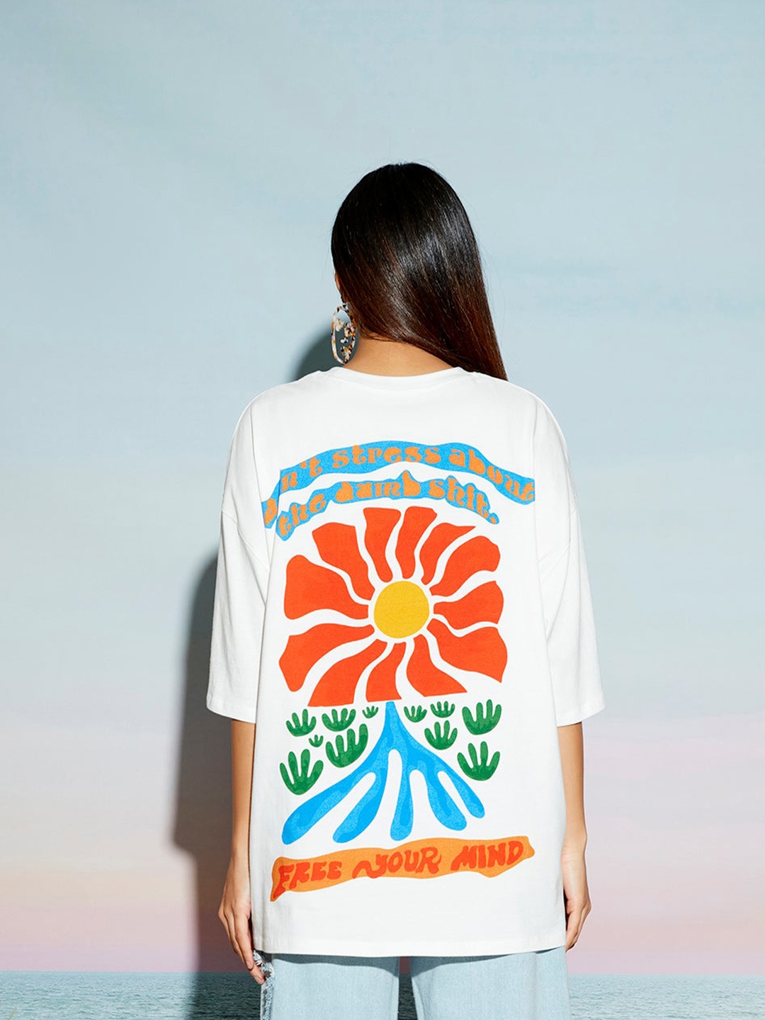 

THE CLOTHING FACTORY Floral Printed Cotton Applique Oversized T-shirt, White