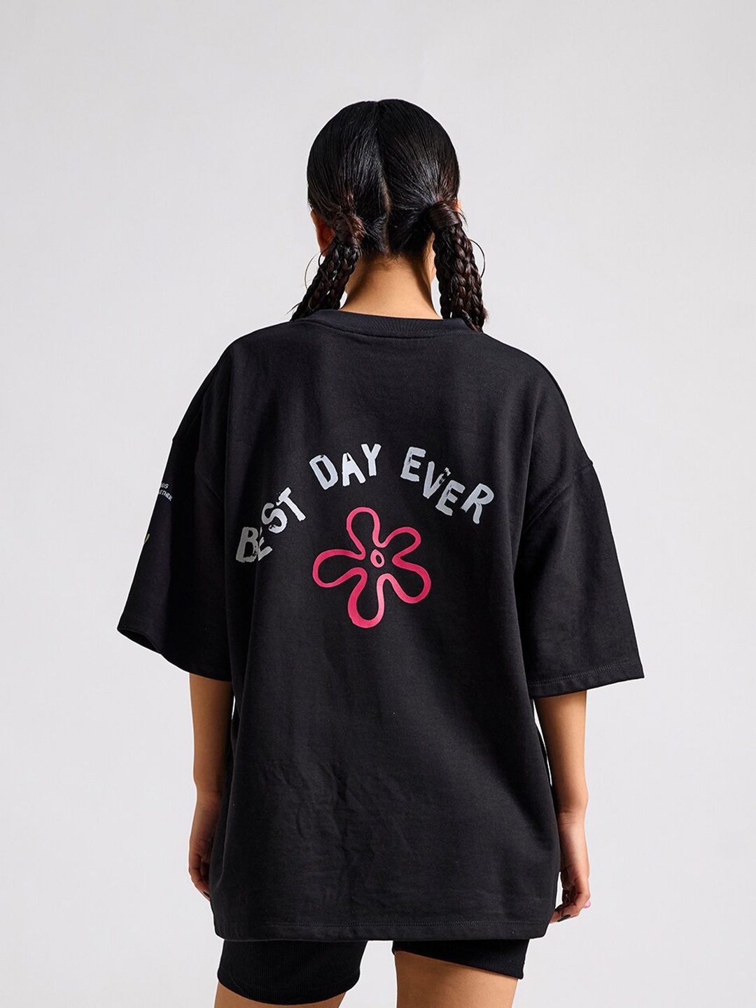 

THE CLOTHING FACTORY Typography Spongebob Printed Cotton Round Neck Oversized T-shirt, Black
