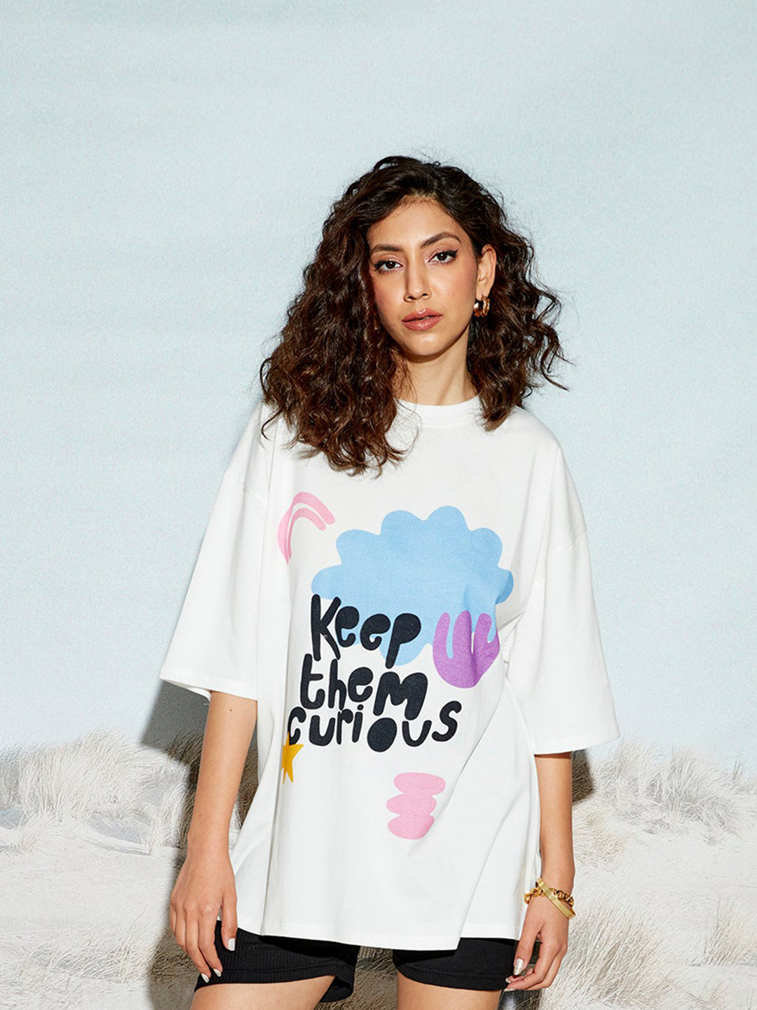 

THE CLOTHING FACTORY Typography Printed Cotton Raw Edge Round Neck Oversized T-shirt, White