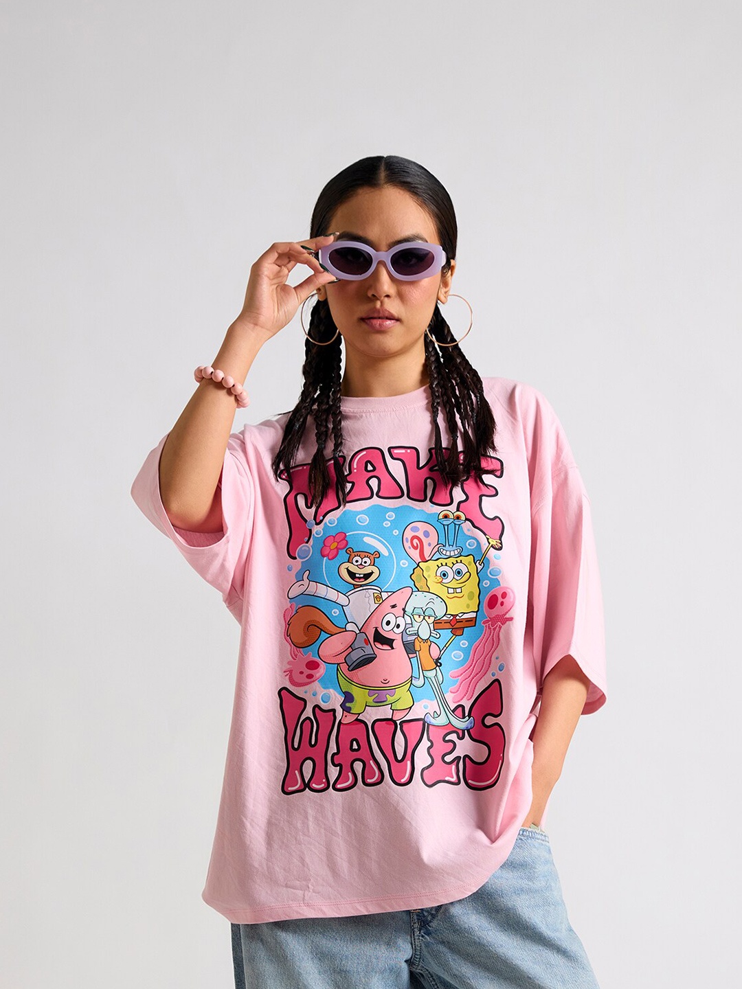 

THE CLOTHING FACTORY Graphic Spongebob Printed Cotton Oversized T-shirt, Pink