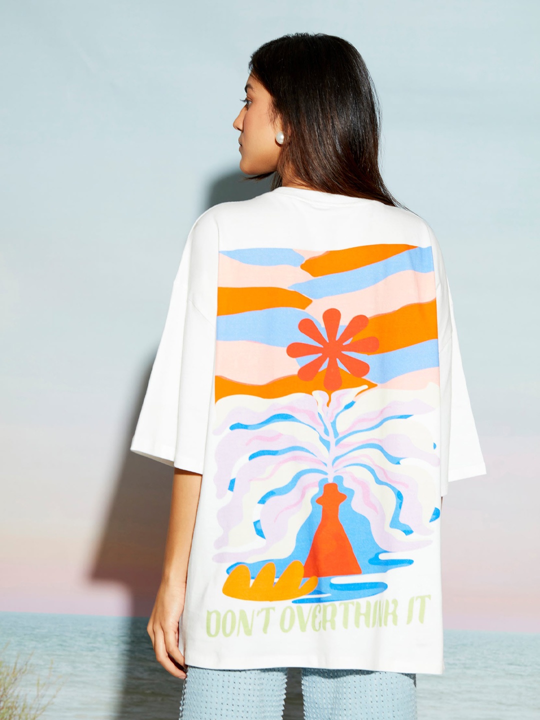 

THE CLOTHING FACTORY Graphic Printed Drop-Shoulder Sleeves Cotton Oversized T-shirt, White