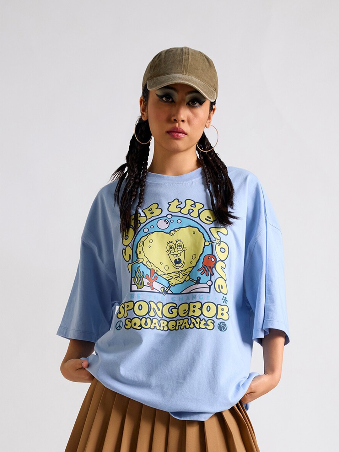 

THE CLOTHING FACTORY Graphic Spongebob Printed Cotton Applique Oversized T-shirt, Blue