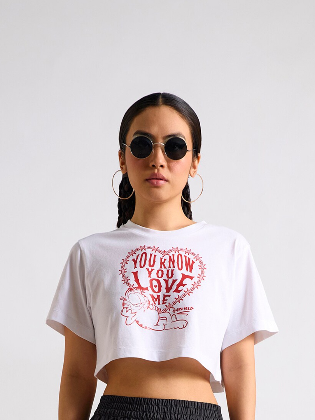 

THE CLOTHING FACTORY Typography Garfield Printed Cotton Applique Oversized Crop T-shirt, White
