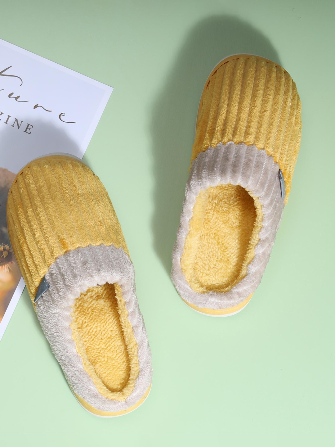 Mast & Harbour Women Fur Winter Room Slippers, Yellow