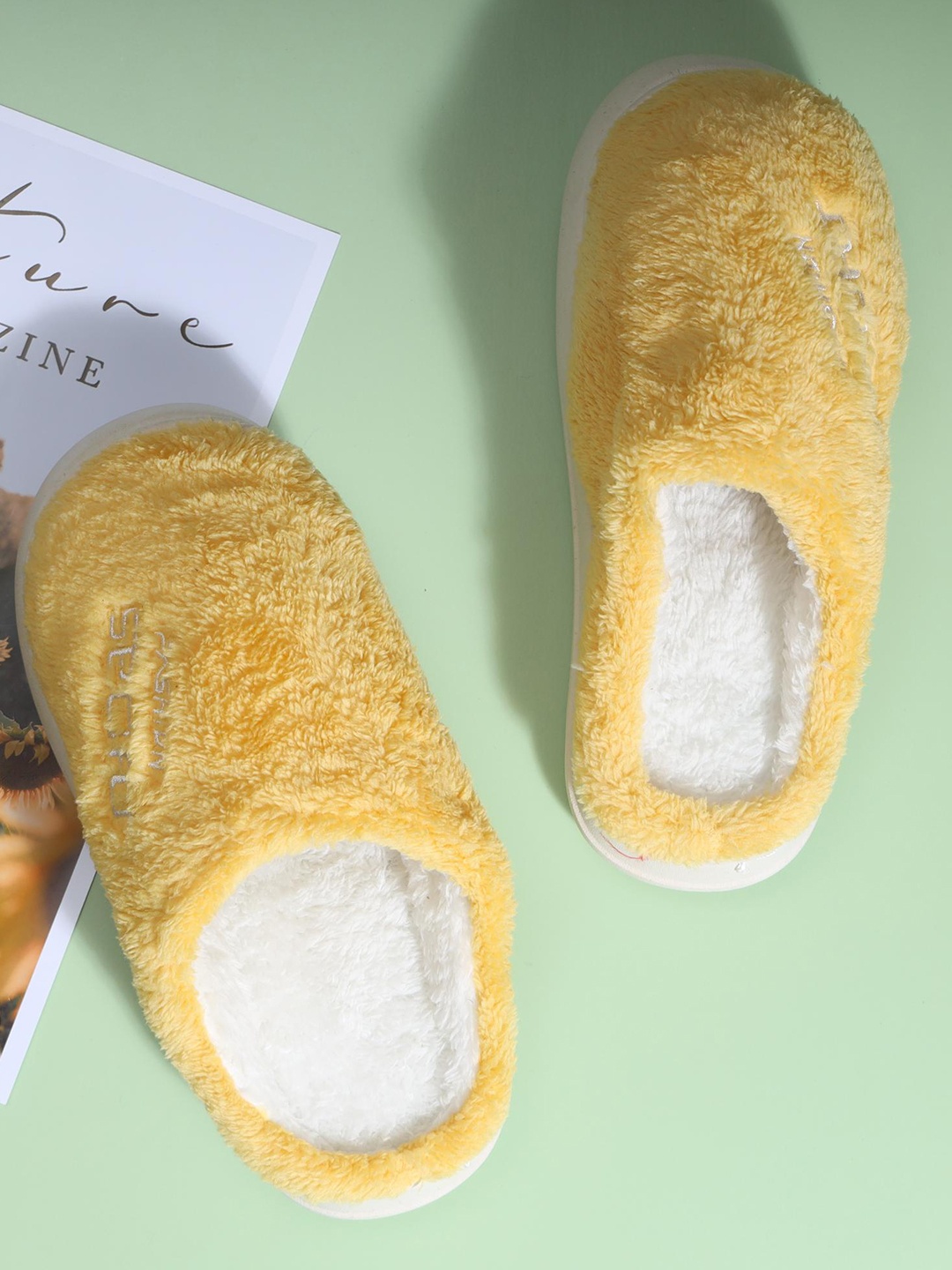 Mast & Harbour Women Fur Winter Room Slippers, Yellow