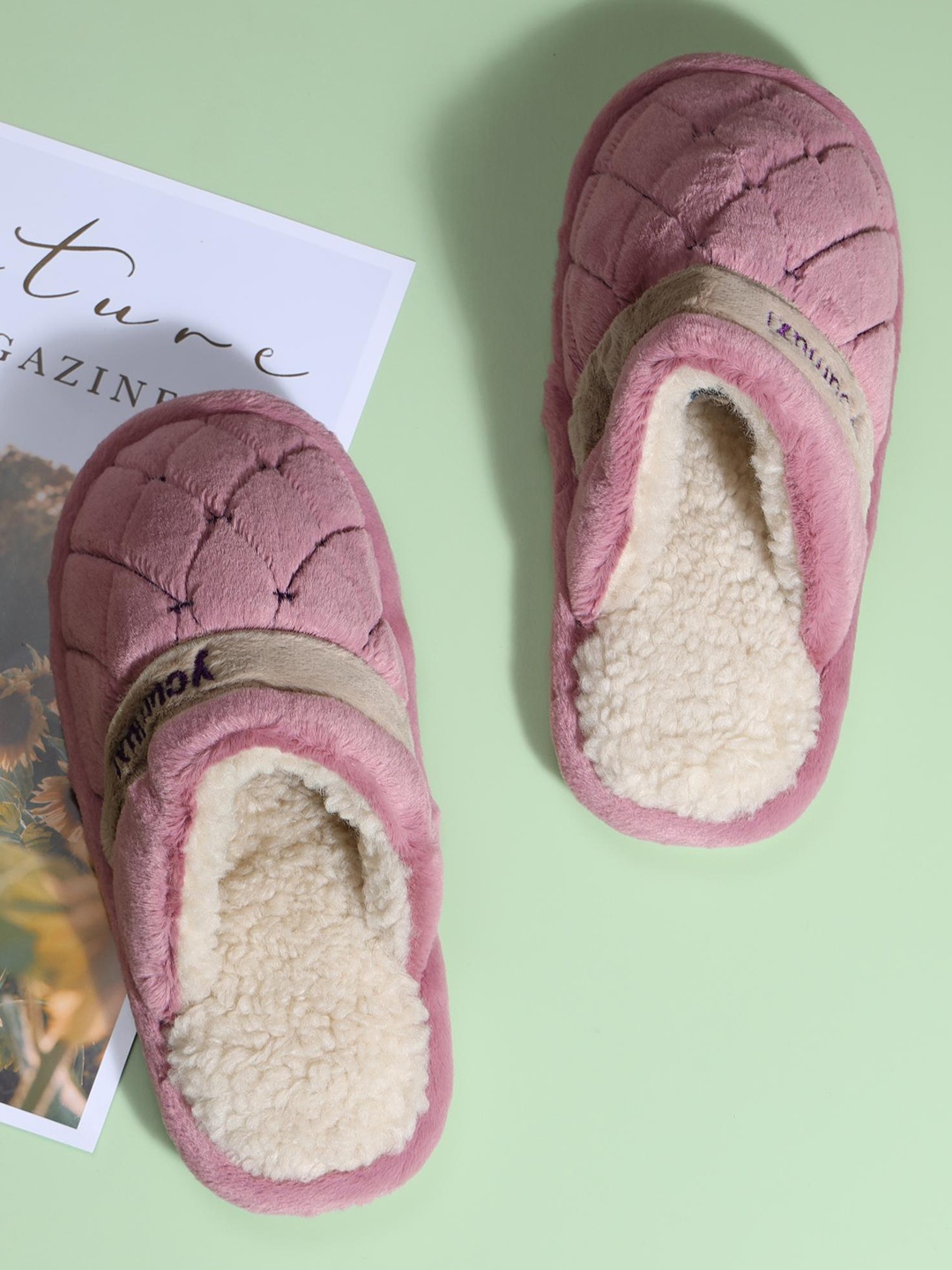 Mast & Harbour Women Fur Winter Room Slippers, Pink