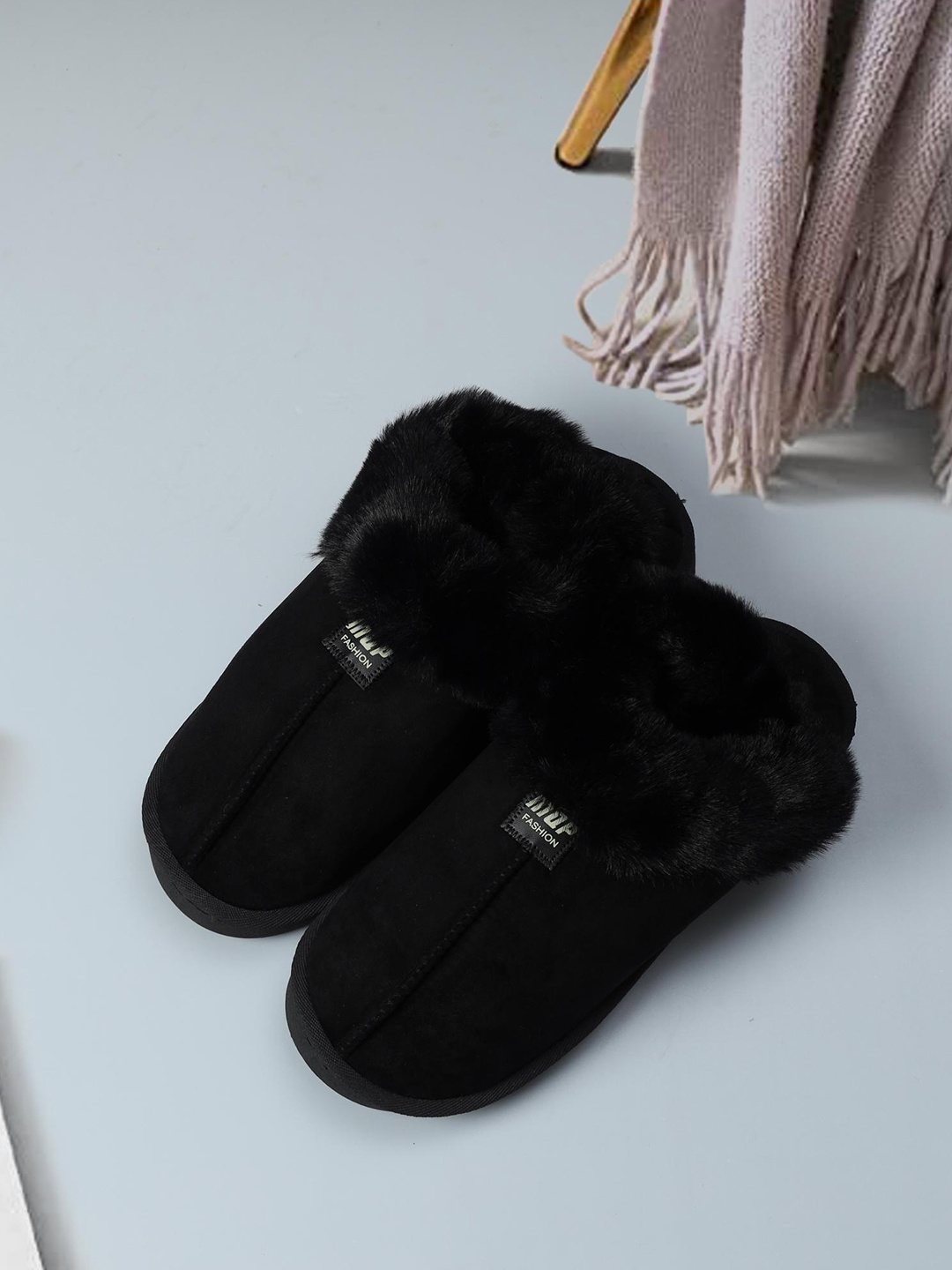

Mast & Harbour Women Self Design Fur Winter Room Slippers, Black
