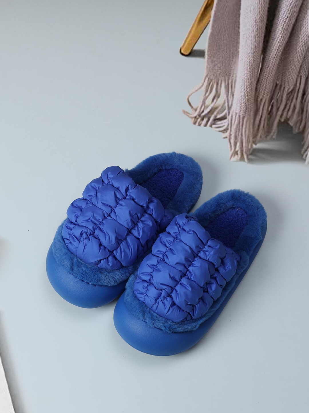 Mast & Harbour Women Self Design Fur Winter Room Slippers, Blue