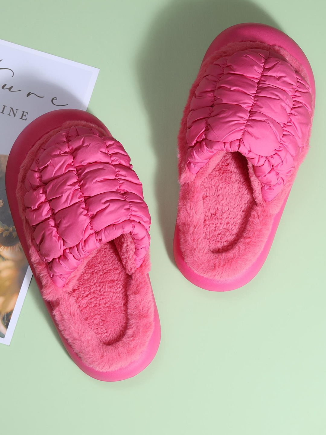 

Mast & Harbour Women Self Design Fur Winter Room Slippers, Pink