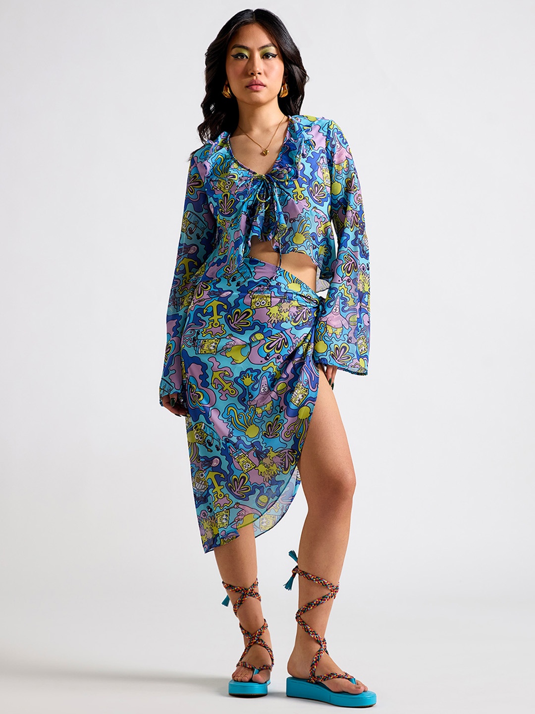 

THE CLOTHING FACTORY Printed Wrap Midi Skirt, Blue