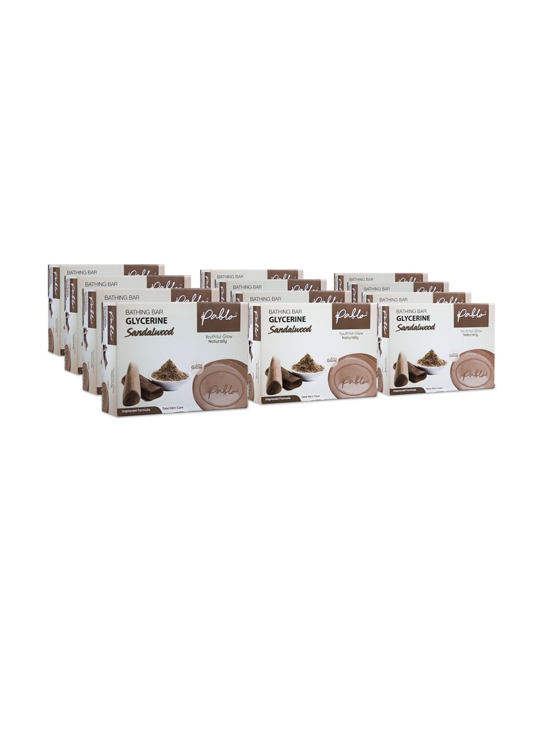 

PABLO Set Of 12 Glycerine Sandalwood Bathing Soap Bar For Extra Glow - 75g Each, Brown