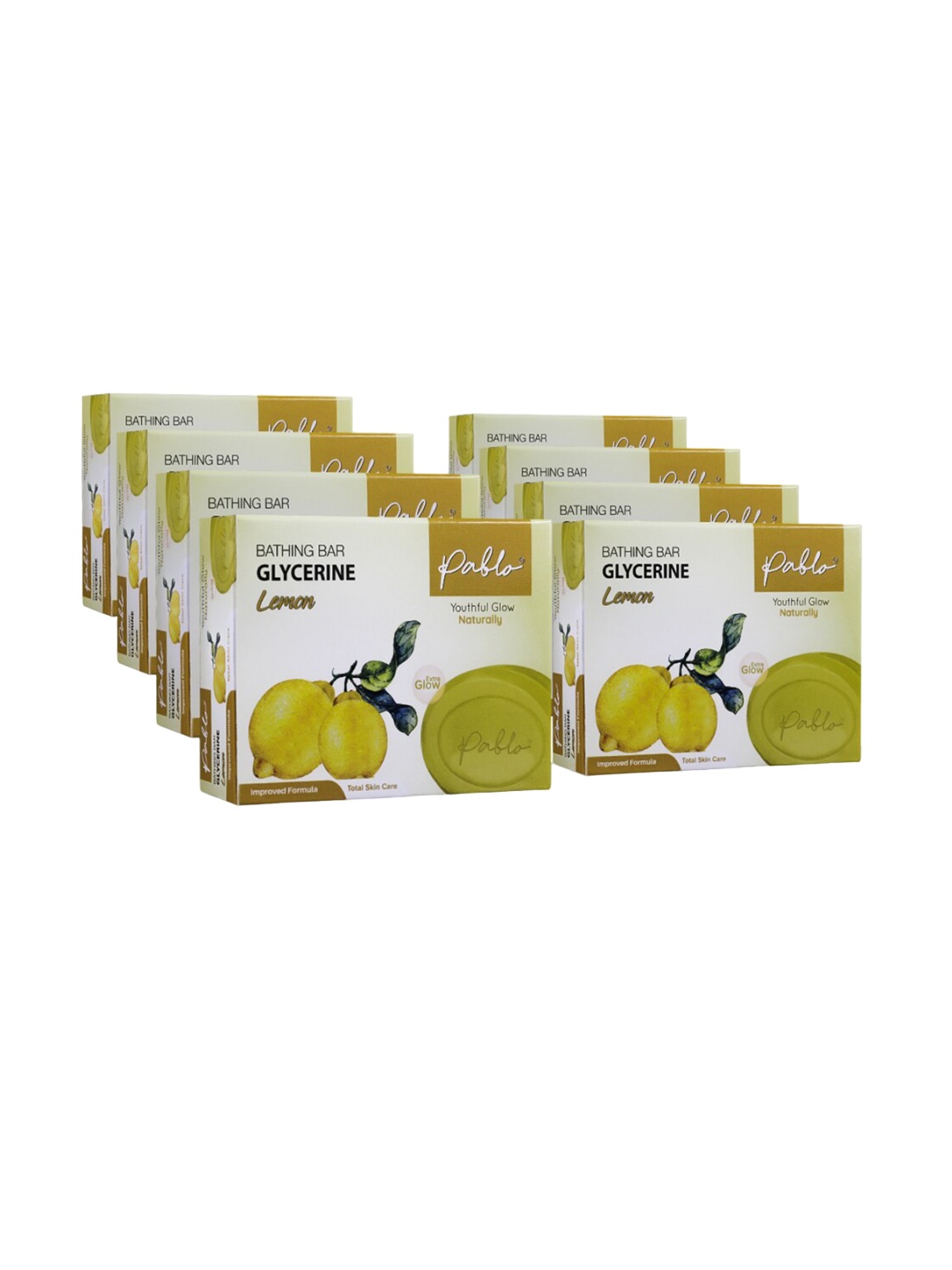 

PABLO Set Of 8 Glycerine Lemon Bathing Soap Bar For Extra Glow - 75g Each, Yellow