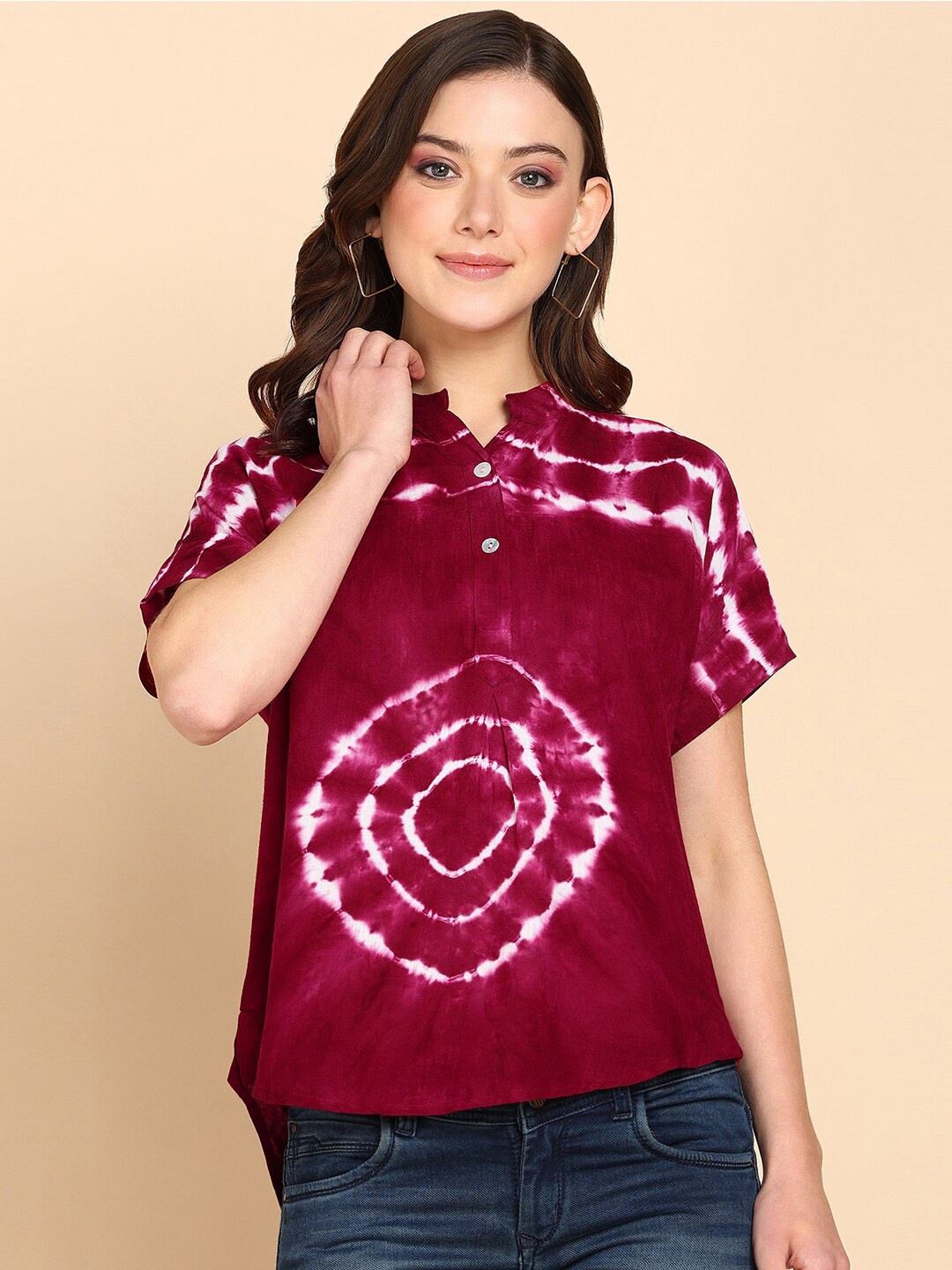 

Maaesa Tie and Dye Mandarin Collar Shirt Style Top, Fuchsia