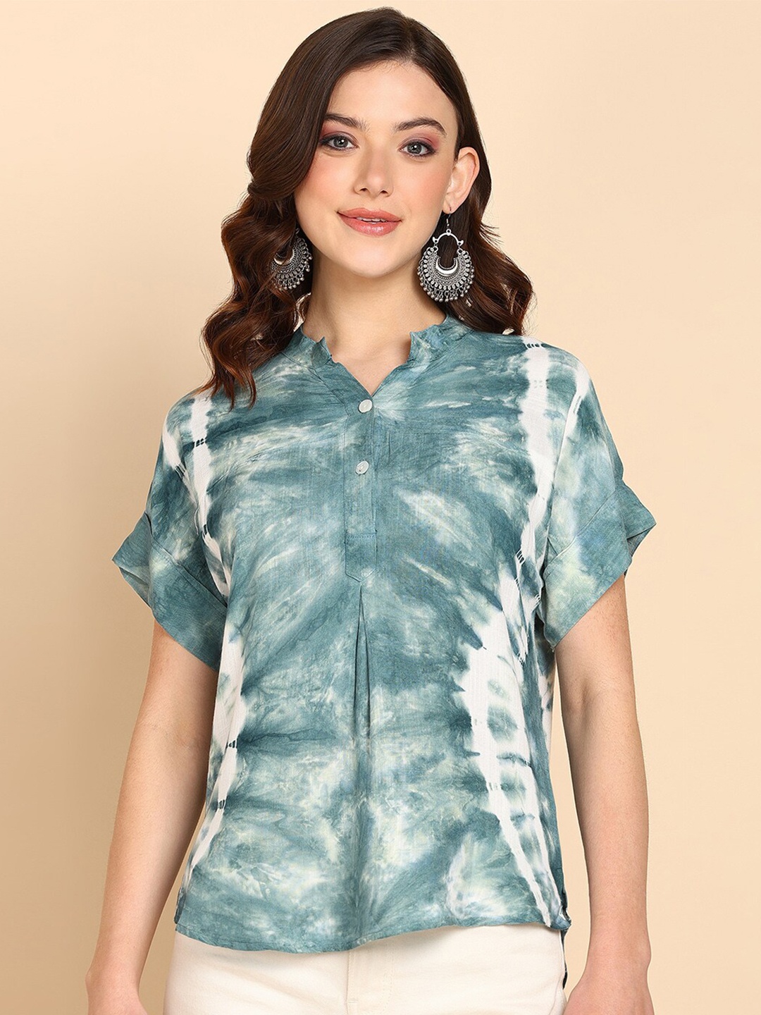 

Maaesa Tie and Dye Mandarin Collar Shirt Style Top, Sea green