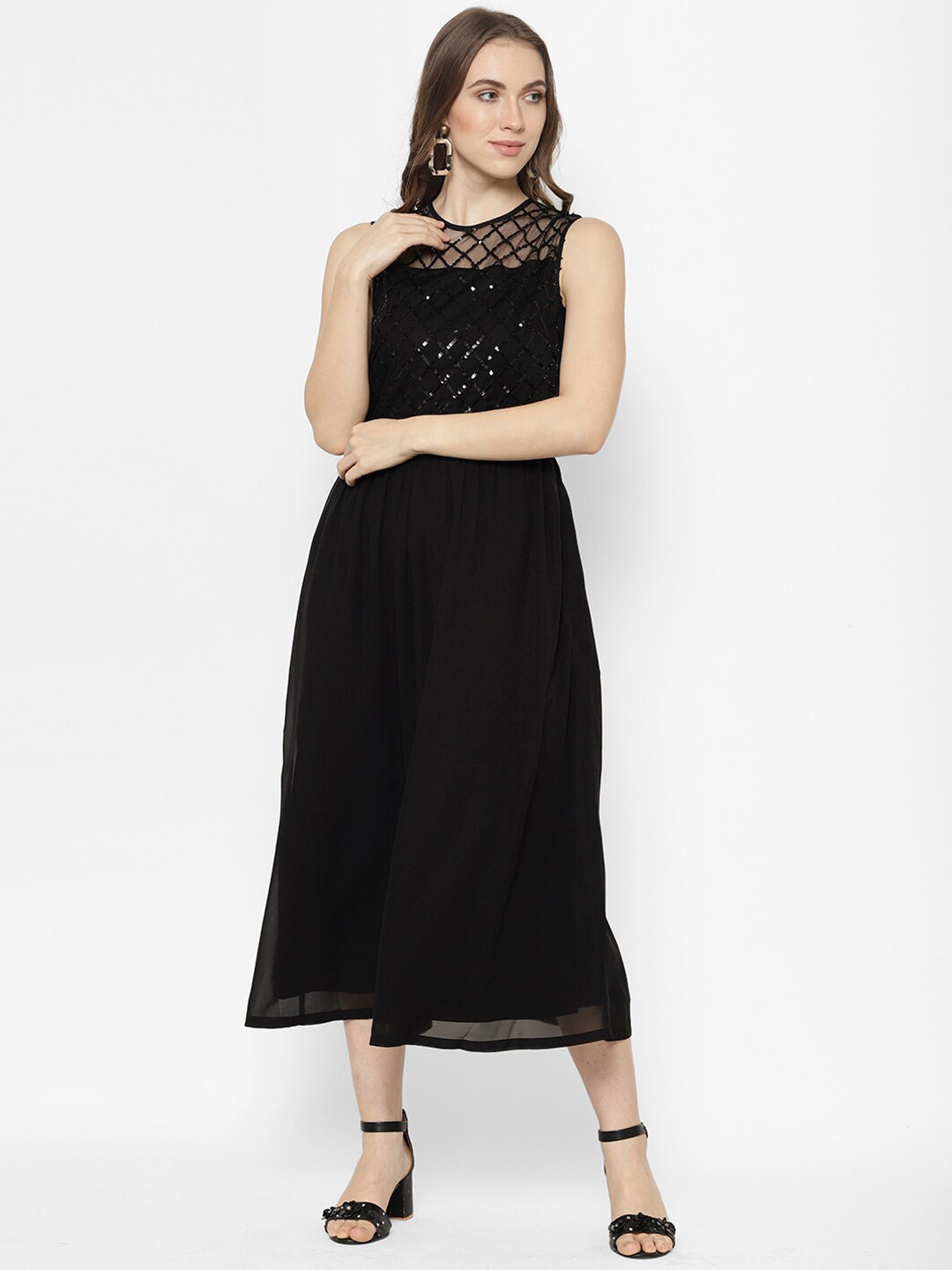 

HOUSE OF KKARMA Embellished Georgette Fit & Flare Midi Dress, Black