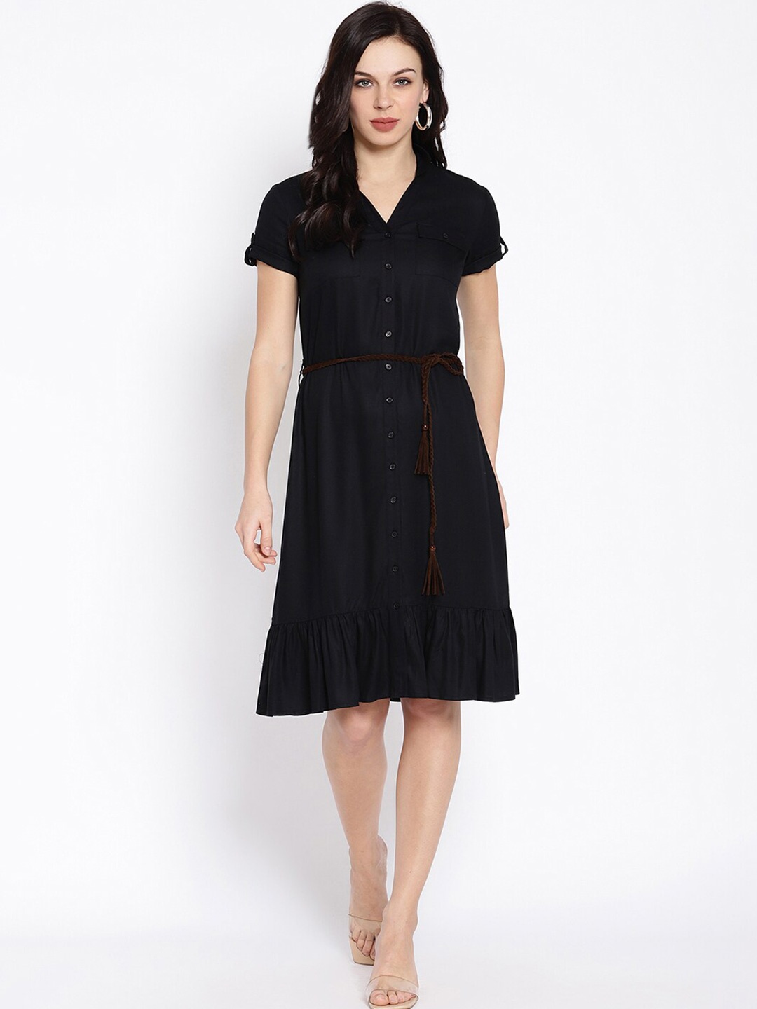 

HOUSE OF KKARMA Short Sleeves Knee Length Shirt Dress, Black