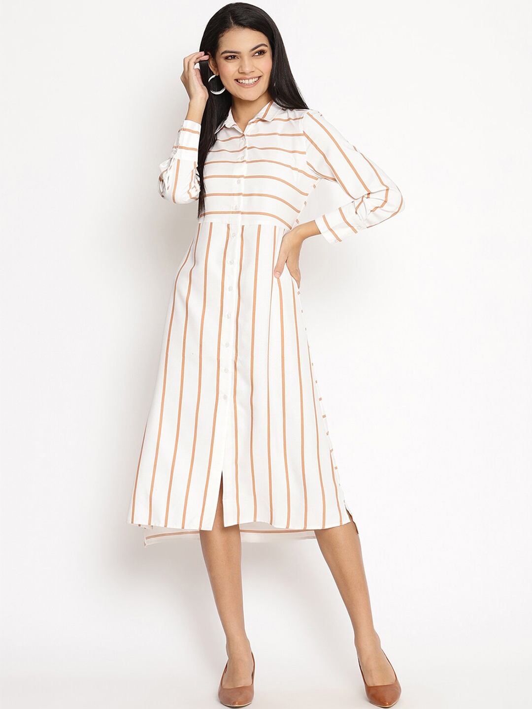 

HOUSE OF KKARMA Striped Cuffed Sleeves Shirt Midi Dress, White