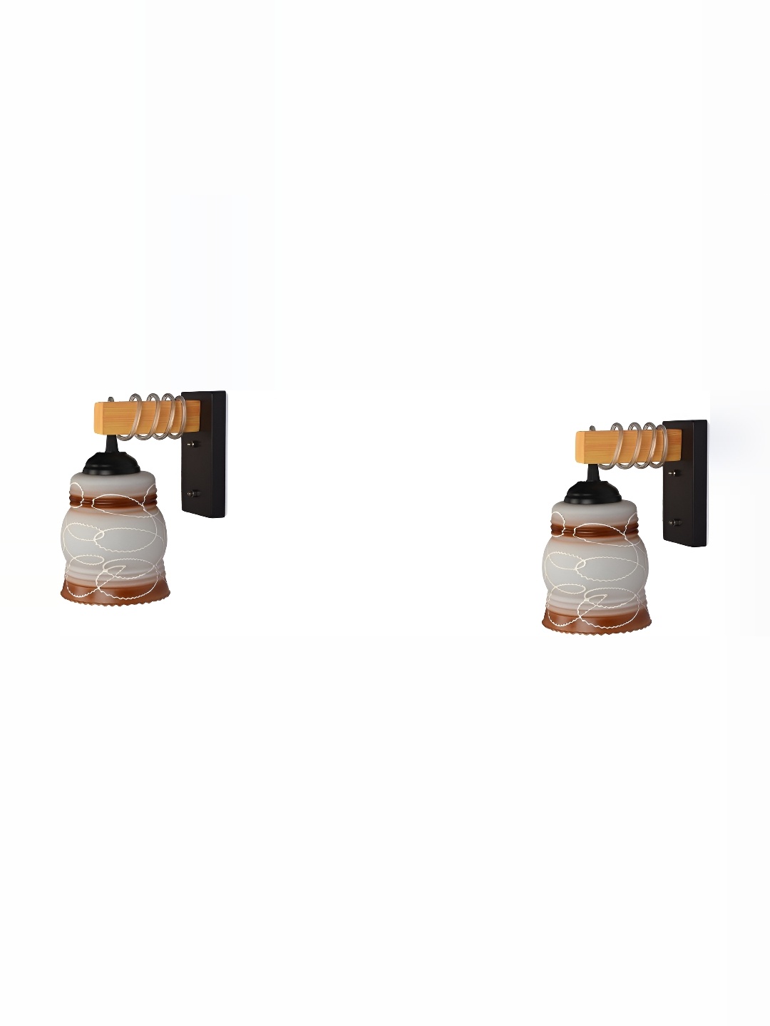 

1ST TIME White & Brown 2 Pieces Printed Glass Contemporary Bell Shaped Wall Lamps