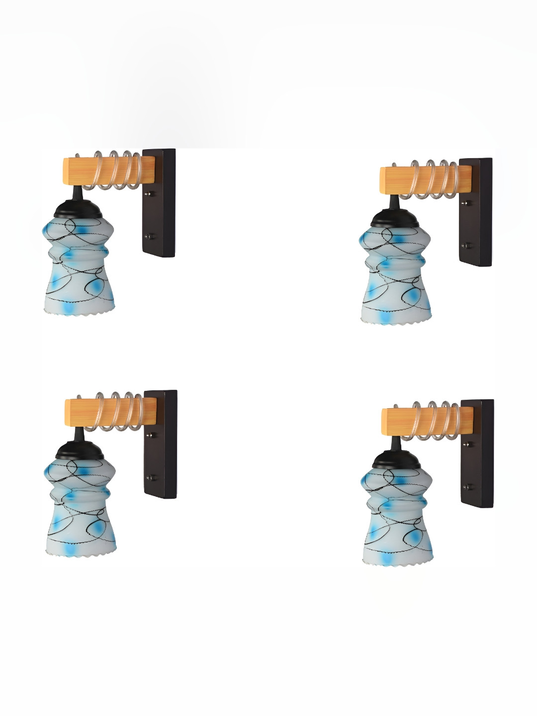 

1ST TIME Blue & White 4 Pieces Printed Bell Shaped Glass Wall Lamps