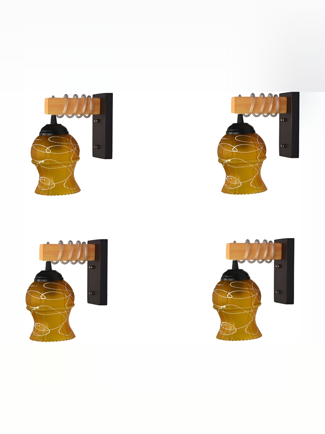 

1ST TIME Yellow & Black 4 Pieces Printed Glass Contemporary Bell Shaped Wall Lamps