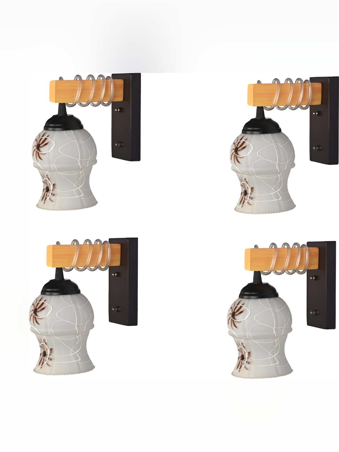 

1ST TIME White & Brown 4 Pieces Printed Bell Shaped Glass Wall Lamps
