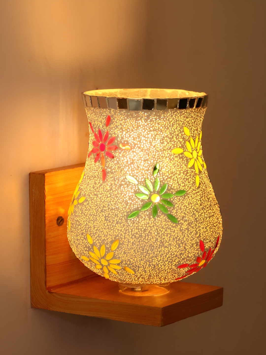 

1ST TIME Gold Toned & Black Printed Glass Traditional Frustum Shaped Wall Lamp