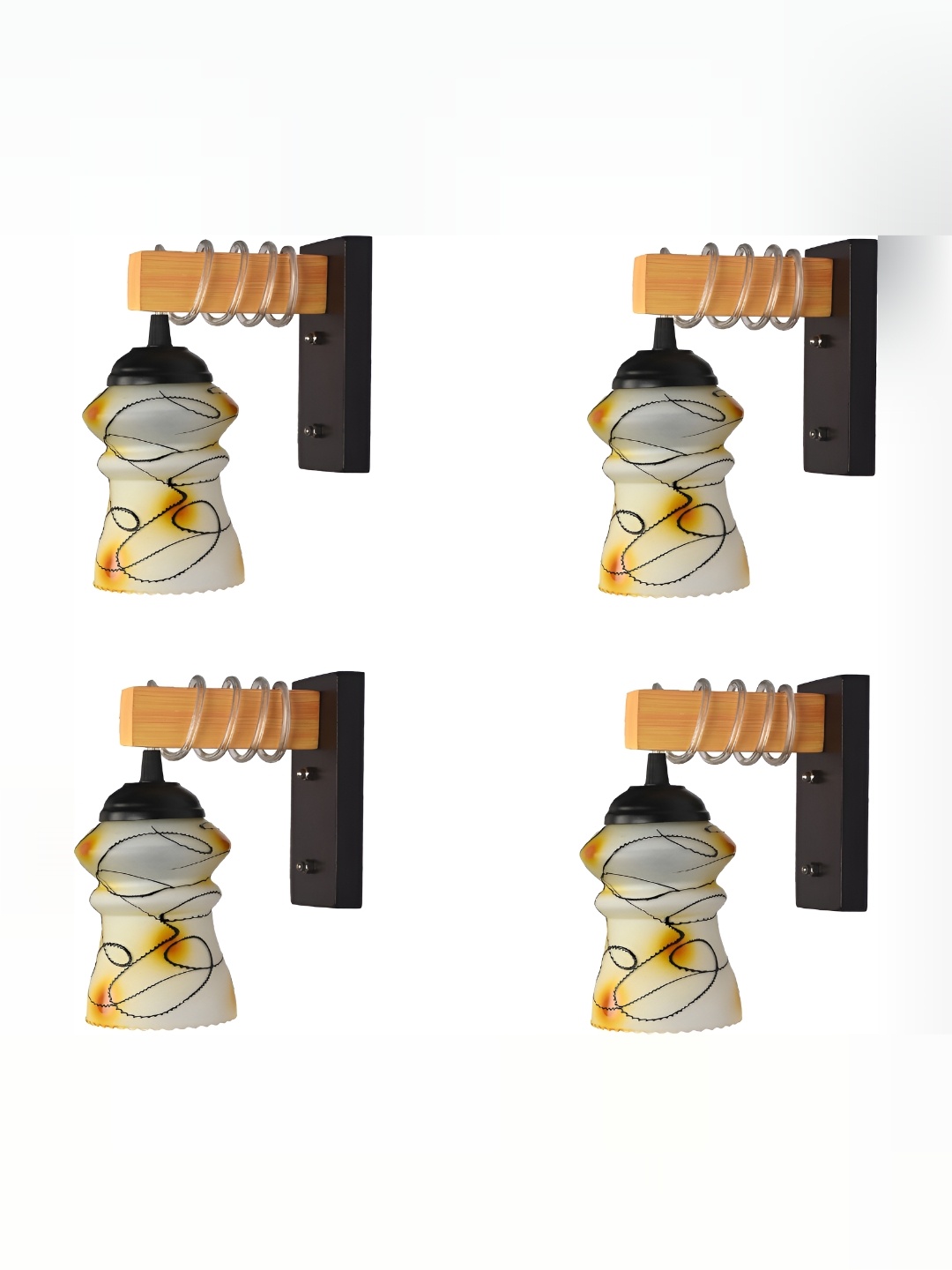 

1ST TIME White & Yellow 4 Pieces Printed Glass Contemporary Bell Shaped Wall Lamps