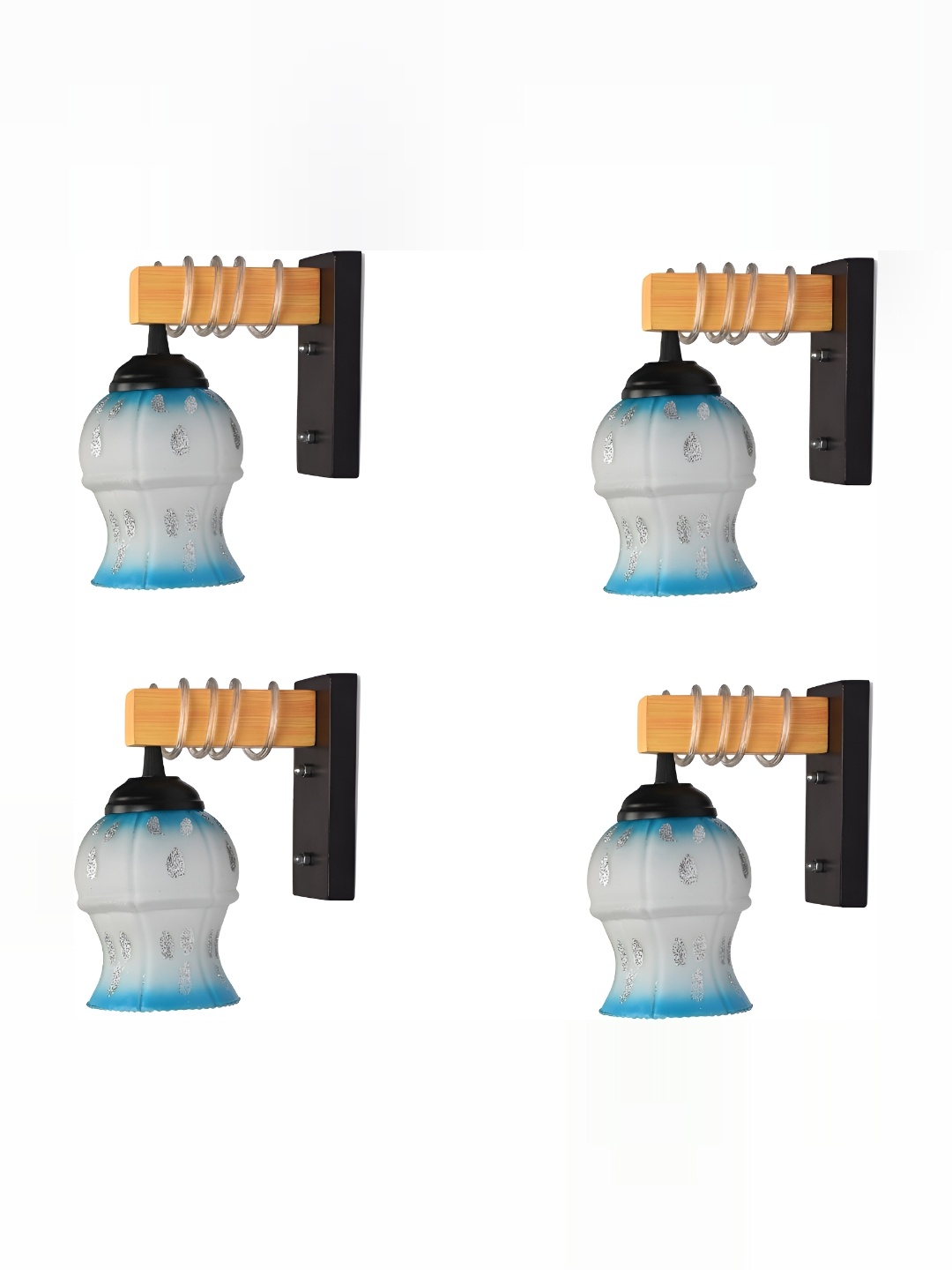 

1ST TIME Blue & White 4 Pieces Printed Glass Contemporary Bell Shaped Wall Lamps