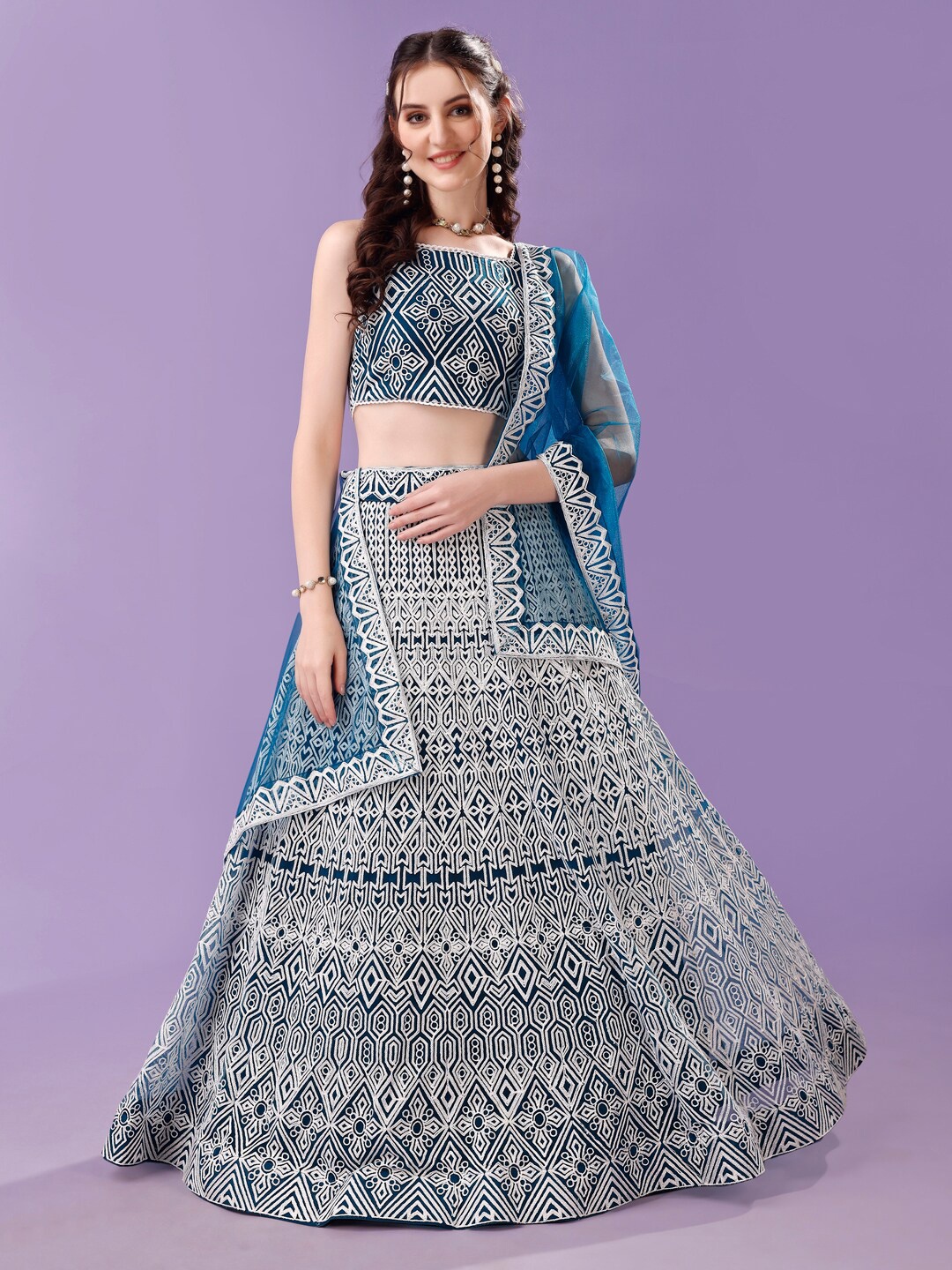 

Modestouze Attires Embroidered Thread Work Semi-Stitched Lehenga & Blouse With Dupatta, Teal