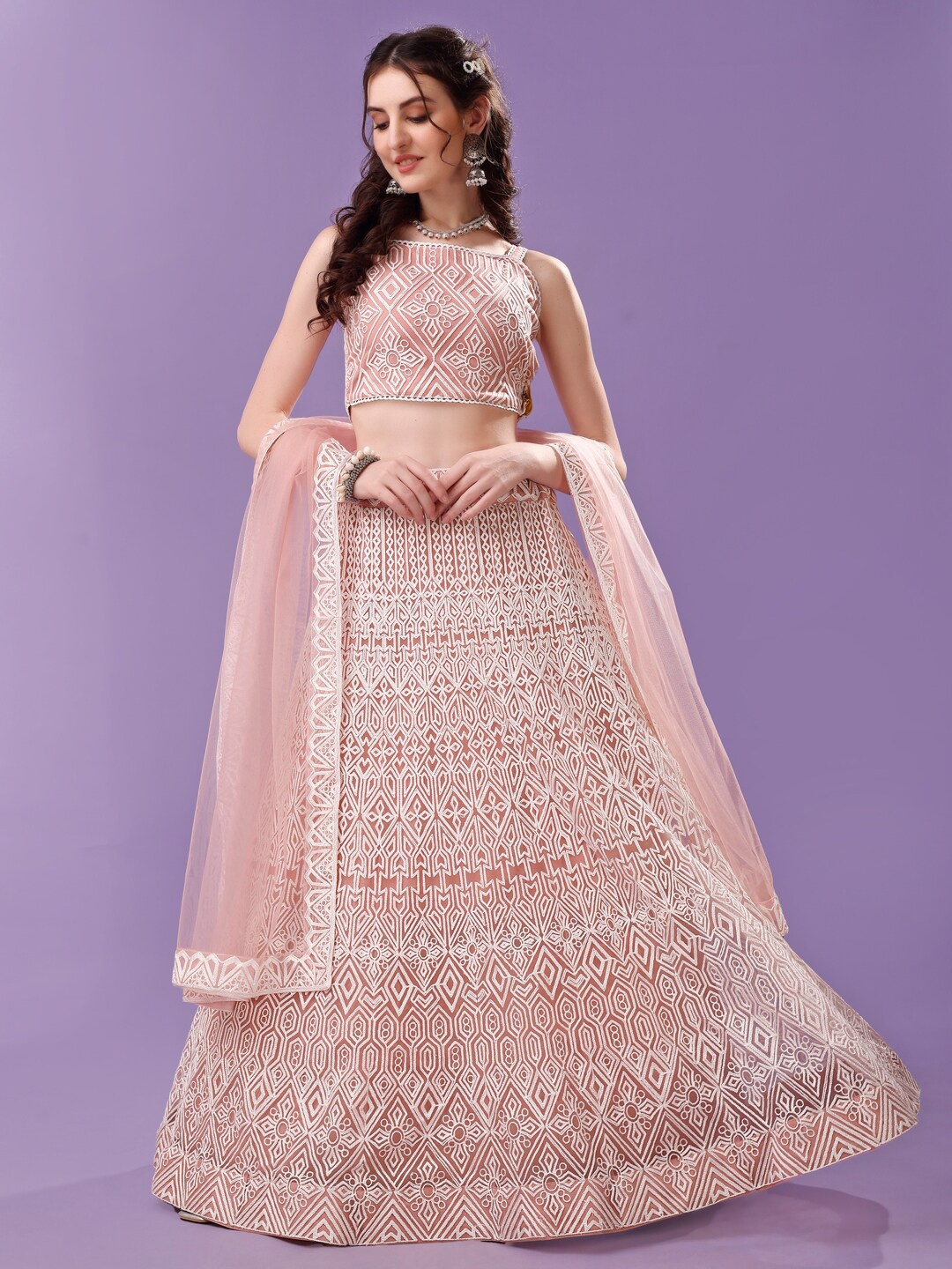 

Modestouze Attires Embroidered Thread Work Semi-Stitched Lehenga & Blouse With Dupatta, Peach
