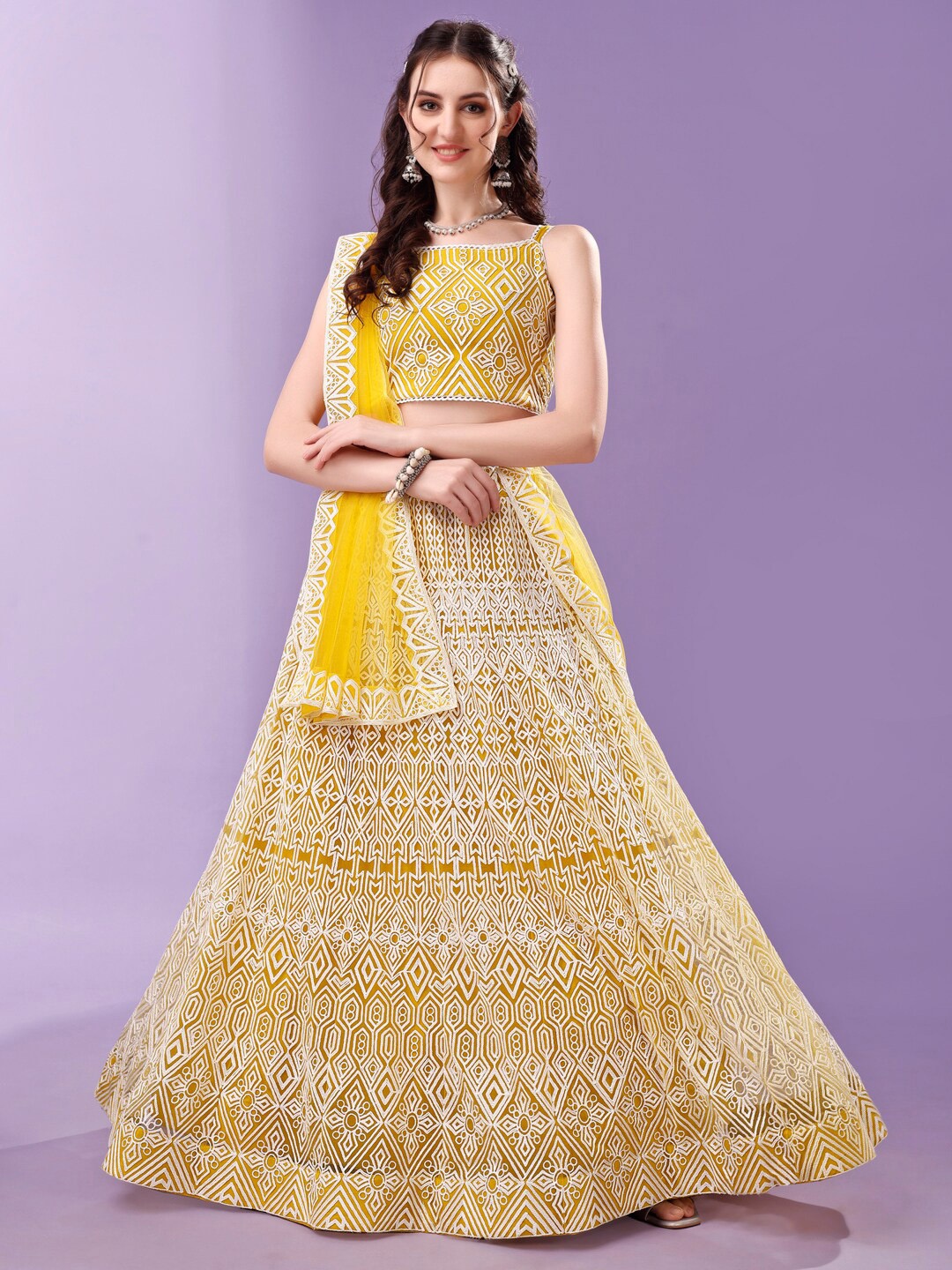 

Modestouze Attires Embroidered Thread Work Semi-Stitched Lehenga & Blouse With Dupatta, Yellow